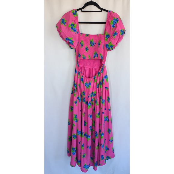 Moon River Pink Floral Smocked Maxi Dress Puff Sleeve Cutout Back Small - Picture 3 of 8
